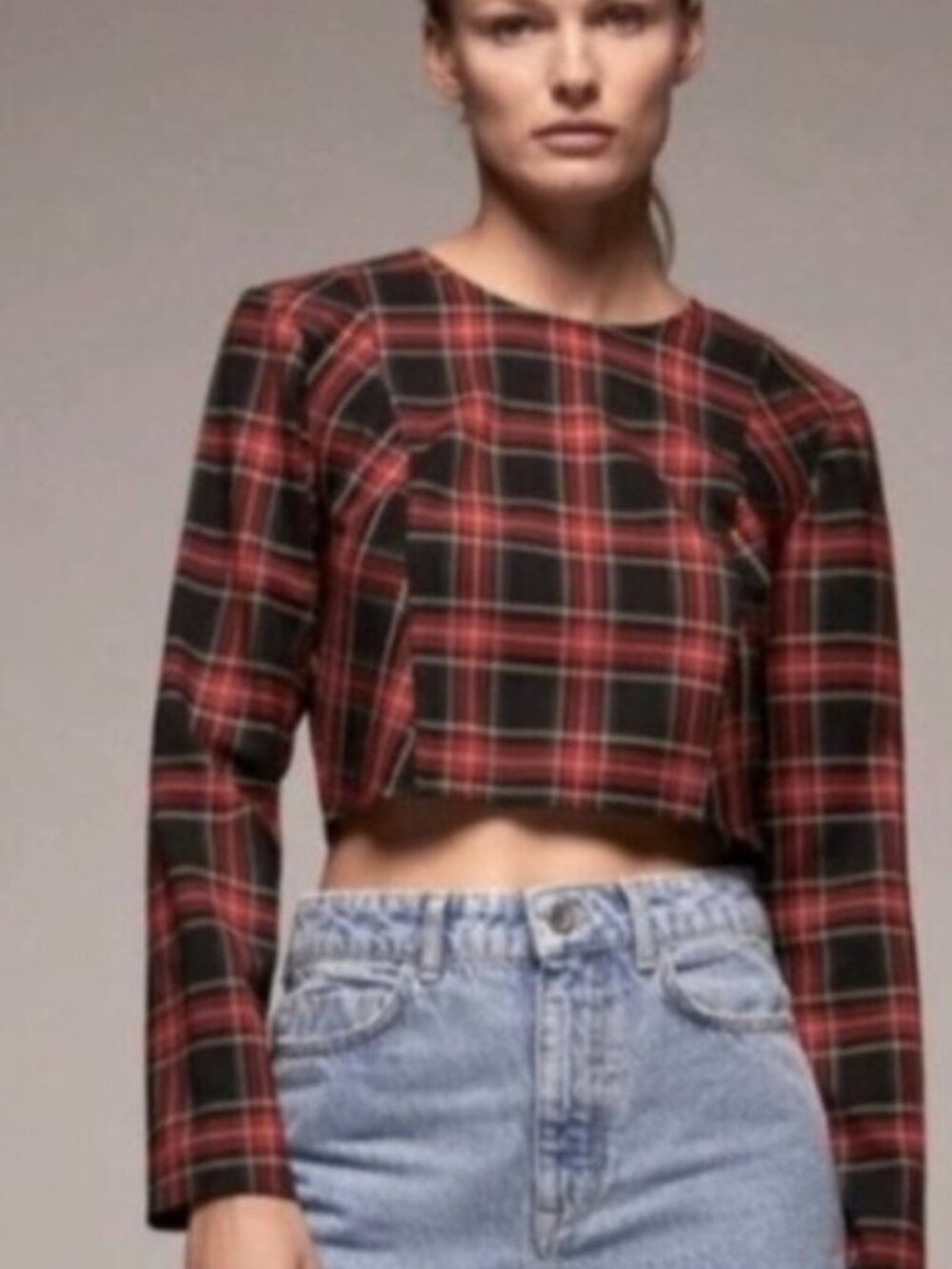Zara plaid long sleeve cropped blouse red black